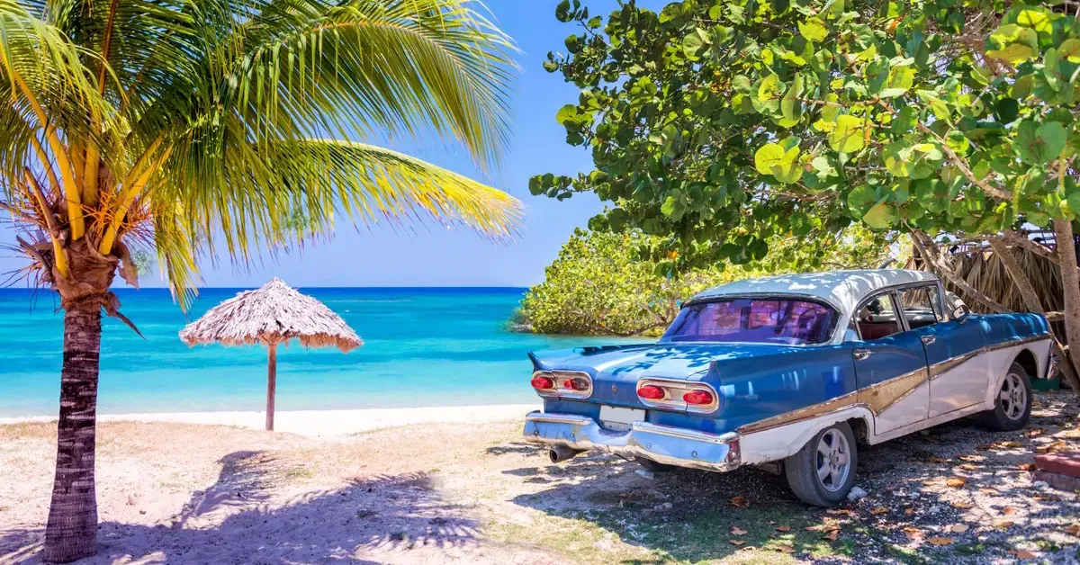 Voiture américaine à l'ombre des arbres, au bord d'une plage turquoise de Cuba